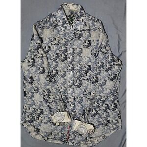 Robert‎ Graham Linen Shirt Mens Medium White Blue Abstract Button Up Flip Cuff